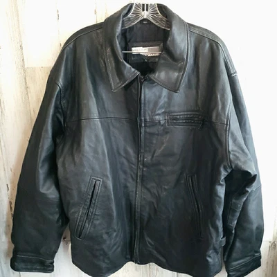 Chaqueta de motociclista bombardero de cuero negra vintage William Barry Watershed para hombre grande L Foto 1 de 4