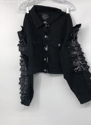 Conjunto de 2 piezas de chaqueta de mezclilla con botones delanteros de lentejuelas negras American BAZI para mujer talla 3X Foto 1 de 4