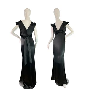 Vera Wang Black Satin Cap Ruffle Sleeve V-Neck Evening Maxi Gown Size 6 - Picture 1 of 11