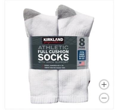 Kirkland Hombres Calcetines Atléticos Blancos Acolchados Crew L, XL Suave Grueso 8 Pares Foto 1 de 3