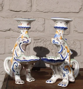 PAIR antique french faience Dragon chimaera figural candle holder candlestick - Picture 1 of 8