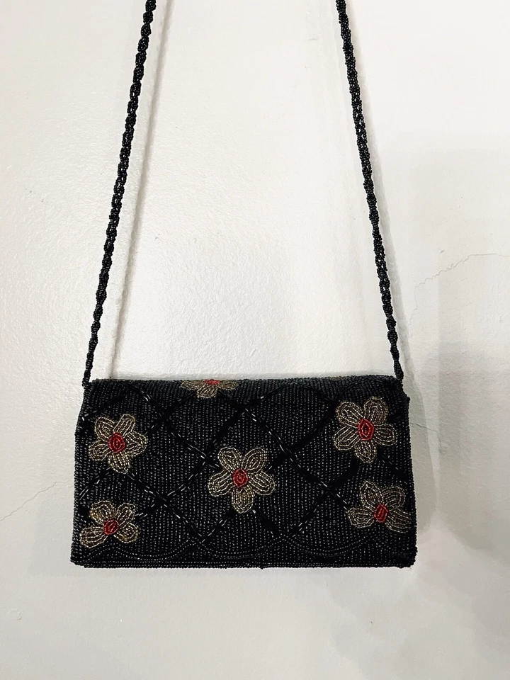 Bolso sin asas floral negro vintage para mujer adornado con cuentas con cuentas Foto 1 de 3