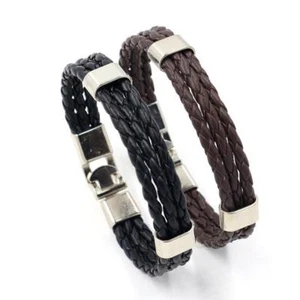 Mens Womens Black/BROWN Pu Leather Bracelet platinium color plated 7.5inch - Picture 1 of 6