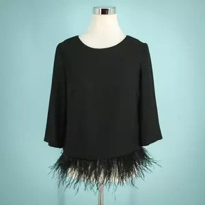 Club Monaco Size Small S Black Donnatina Ostrich Feather Crew 3/4 Sleeve Top - Picture 1 of 8
