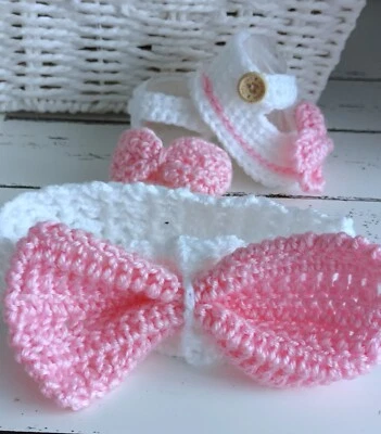 BABY CROCHET SHOES YOURS BABY'S NAME MARY JANES  HANDMADE  AND HAIRBAND - Image 1 of 4