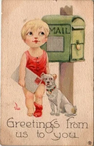 Postcard Bernhardt Wall Child Mailbox Dog Greetings from us to you PM 1913 - Picture 1 of 2