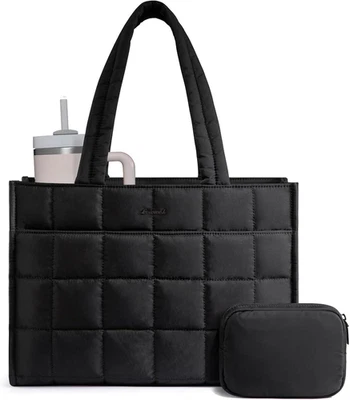 LOVEVOOK Tote Bag for Women, Puffer Work Handbag 15.6 Inch inch, Black - Image 1 of 4