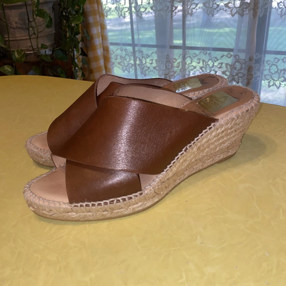 KANNA BROWN LEATHER JUTE WEDGE HEELS SLIDES CRISS CROSS STRAP SIZE 8 - Image 1 of 4