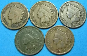 Indian Head One Cent Lot 5 Diff Dates 1895, 1900, 1901, 1903, 1907, Combined S/H - Picture 1 of 2