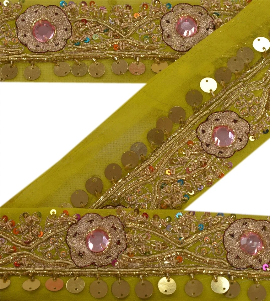 Sanskriti Vintage Sari Borde Cuentas Artesanales Borde Lentejuelas Encaje 1 Yarda Verde Foto 1 de 4