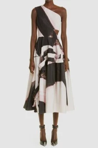 Alexander McQueen Italy Women Black Brushstroke Print One-Shoulder Dress Size 38 - Picture 1 of 5