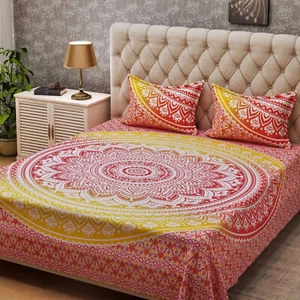 Indian Mandala Bed Cover Yellow and Red Cotton Queen Bedding Sheet 2 Pillow case - Picture 1 of 5