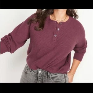 Old Navy Women LS Waffle Henley Cozy Raisin Arizona Loose Cropped Cotton Top L - Picture 1 of 9