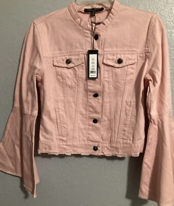 Romeo Juliet Couture Bell Sleeve Distressed Denim Jacket Dusty Pink NWT Sz S - Picture 1 of 11