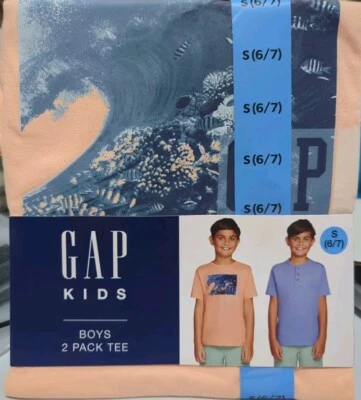 Gap Kids Boys 2 Pack Tee Peach Surf And Blue Henley Size S (6/7) - Image 1 of 4