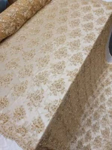 Stoff Meterware Gold Perlen Spitze Stickerei Floral Blumen Pailletten auf Mes - Bild 1 von 6