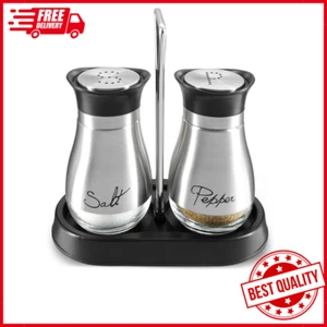 Stainless Steel Salt and Pepper Shakers Set with Holder Clear Glass Bottom 4Oz - Picture 1 of 10