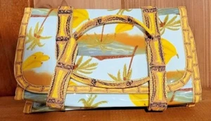 NOS Vintage Tropical Palm Tree & Banana Beach Makeup Case, Blue & Yellow AVON - Picture 1 of 12