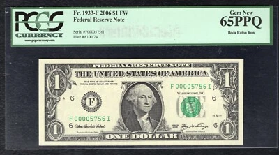 FR. 1933-F 2006 $1 FW FRN ATLANTA, GA “LOW SERIAL #5756” PCGS GEM UNC-65PPQ - Image 1 of 2
