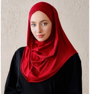 Modefa Turkish Islamic Instant Criss-Cross Hoodie Jersey Hijab Shawl Clared Red - Picture 1 of 2