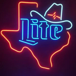 Texas Cowboy Hat Miller Lite Beer Neon Sign Bar Light Lamp Real Tube 24"x20"  - Picture 1 of 2