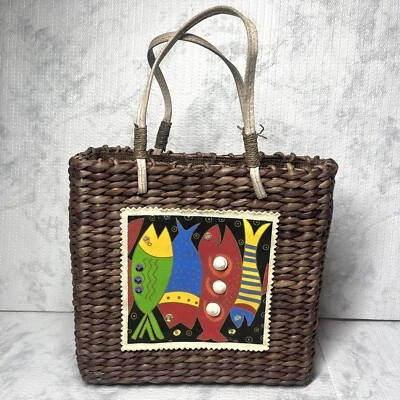 Sun "n" песок коричневый соломы сплетенный Дамская сумка, сумочка, сумка с короткими ручками. Имеет дефект - Изображение 1 из 4