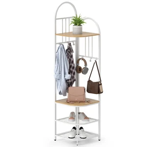 4-Tier Coat Rack Corner Hall Tree w/Shoe Storage Bench 6 Removable Hooks Bedroom - Picture 1 of 10