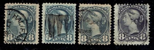CANADA - 1893 - QUEEN VICTORIA 8c - 4 Assorted Stamps - Sc #44 - Used F/VF - Picture 1 of 2