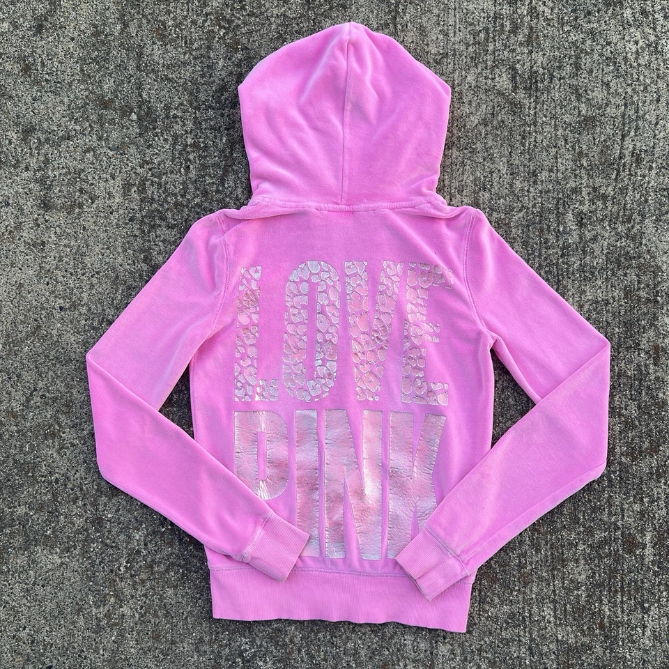 Suéter con Capucha de Terciopelo con Cremallera ROSA Brillante ROSA Victoria's Secret De Colección Talla XS o S Foto 1 de 4