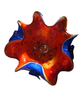 Centro de mesa de cristal de Murano con volantes - Attr. Seguso/Barbini - Azul y Rojo 8" Foto 1 de 4