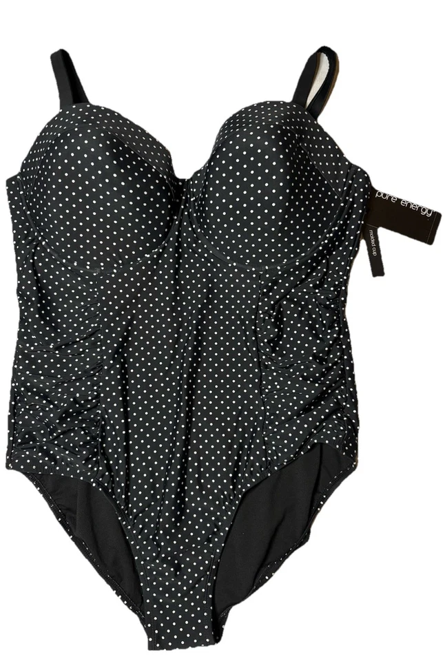 Купальник цельный PURE ENERGY черный в горошек литая чашка собранная в рюш сторона 20 Вт - Изображение 1 из 4