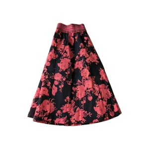 Black Floral Midi Skirt for Women Size M Smocked Waist Red Pink Print Boho - Picture 1 of 4