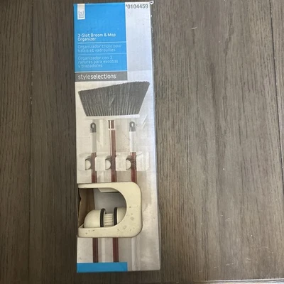 3-Slot Wall Mount Broom & Mop Organizer Holds 3 Brooms or Mops, Off White - NEW - Image 1 of 4