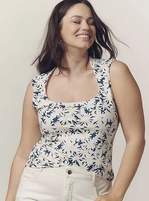 BNWT Brand New Anthropologie Maeve Cap-Sleeve Cut-In Knit Top In Blue Pattern 1X - Image 1 of 4