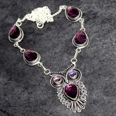Collar Búho Amatista 925 Chapado en Plata Hecho a Mano 18" Hecho a Mano Regalo GW Foto 1 de 3