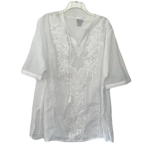 Chicos White Blouse Top Coverup 3/16-18 Boho Crochet Embroidered Sheer V-neck - Picture 1 of 6