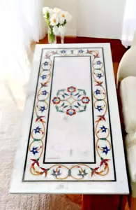 White Marble Dining Table with Semi Precious Stone Inlay – Elegant Art Design - Picture 1 of 9
