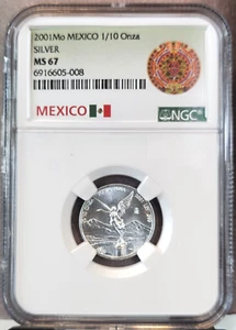 2001 MEXICO SILVER 1/10 ONZA LIBERTAD NGC MS 67 SCARCE BEAUTIFUL GEM COIN - Picture 1 of 3