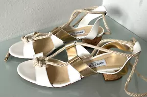 Jimmy Choo Maddie 40 Sandals Block Heel, White & Gold Leather, Rope Tie EU40/US9 - Picture 1 of 12