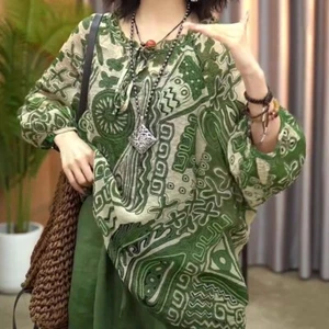 Flower Stripe Long Sleeve T Shirt Round Neck Ethnic Style Tops Women - Picture 1 of 7