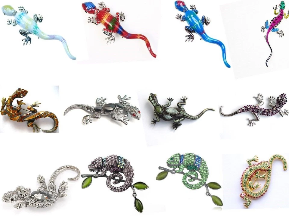 Genuine Peridot Purple Crystal Rhinestone Chameleon Lizard Jewelry Brooch Pins - Image 1 of 1