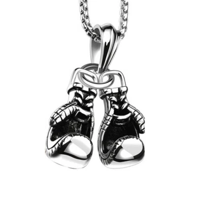 Kette mit Anhänger Halskette Doppel Boxhandschuh Boxer 600mm Silber Schwarz Gold - Bild 1 von 3