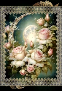 Shabby Chic Pink Roses & Moon Designer Cotton Fabric Quilt Block Multi-size - Picture 1 of 1