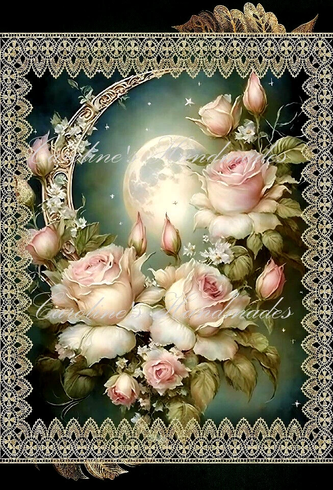 Shabby Chic Pink Roses & Moon Designer Cotton Fabric Quilt Block Multi-size - Image 1 of 1