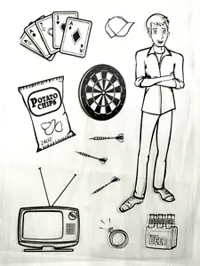 Hanna Stamps! - Manly Stamp Set - masculine, cards, tv, chips, beer, darts, hat - Picture 1 of 4