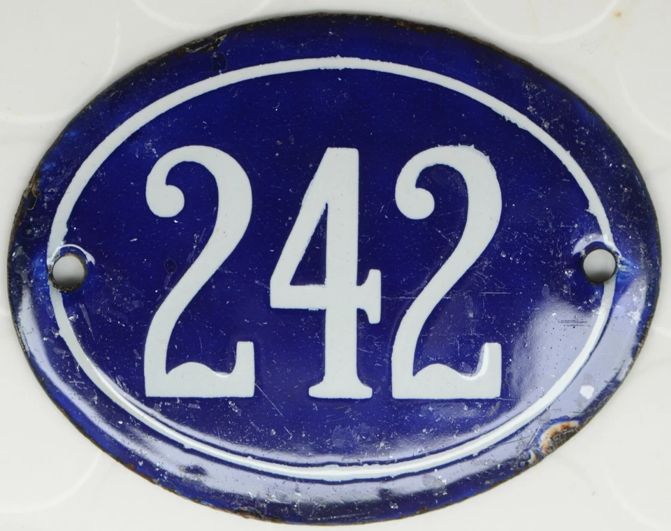 Old blue oval French house number 242 door gate plate plaque enamel steel sign - Image 1 of 1
