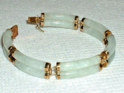 14K КИТАЙСКИЙ СВЕТЛО-ЗЕЛЕНЫЙ ЖАДЕИТ ТЕННИСНЫЙ БРАСЛЕТ ДВОЙНОЙ РЯД ЗАСТЕЖКА С ПОДПИСЬЮ - Изображение 1 из 4