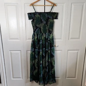 Black Multi-Colored Leaf Design Dress Size 6 Smocked Sheer Overlay Vacation NWT - Picture 1 of 13