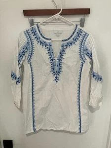 J. Jill Damen Tunika Top bestickt strukturiert, weiß/blau, XS Petite - Bild 1 von 3