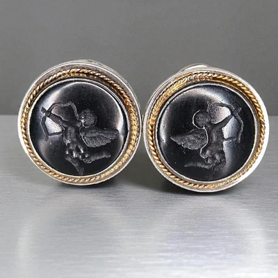 Konstantino 22k Gold & Sterling Cupid Intaglio Onyx Clip EARRINGS - Image 1 of 4